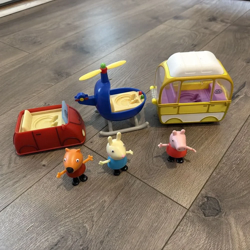 Peppa Pig Toys Lot Red Car Camper Van Helicopter 3 Figures Vehicle Bundle